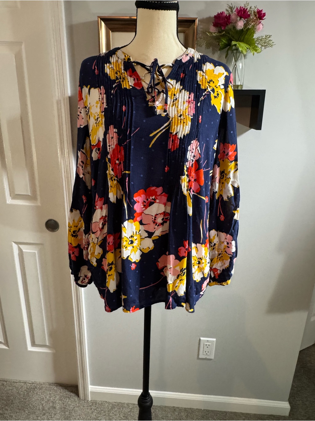 Old Navy Navy Floral Lace-Up Pintuck Blouse - Pink, Yellow, Red